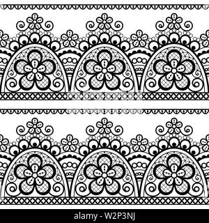 Lace vector seamless pattern, detailed retro ornament, lace design with flowers and swirls in black on white background Stock Vector