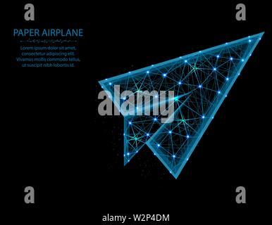 Paper airplane low poly model, flight up in polygonal style, wireframe vector illustration made from points and lines on a black background Stock Vector