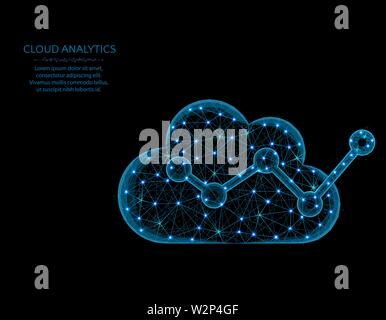 Cloud analytics low poly model, data analysis in polygonal style, wireframe vector illustration made from points and lines on a black background Stock Vector