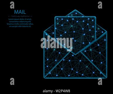 Mail low poly model, letter in polygonal style, postal envelope wireframe vector illustration made from points and lines on a black background Stock Vector