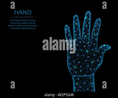 Human hand low poly model, gesture in polygonal style, body part wireframe vector illustration made from points and lines on a black background Stock Vector