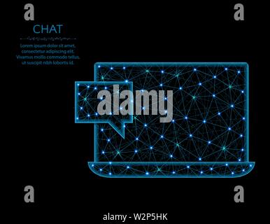 Chat low poly model, Laptop in polygonal style, one new message wireframe vector illustration made from points and lines on a black background Stock Vector
