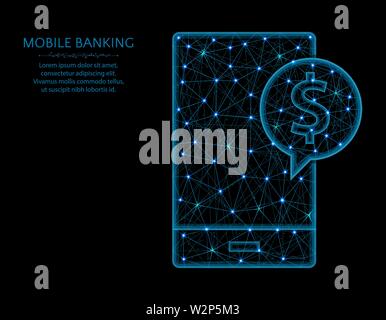 Mobile banking low poly model, modern phone in polygonal style, finance or dollar symbol wireframe vector illustration made from points and lines Stock Vector