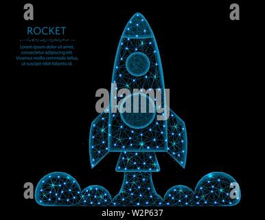 Rocket low poly model, shuttle launch in polygonal style, space ship wireframe vector illustration made from points and lines on a black background Stock Vector