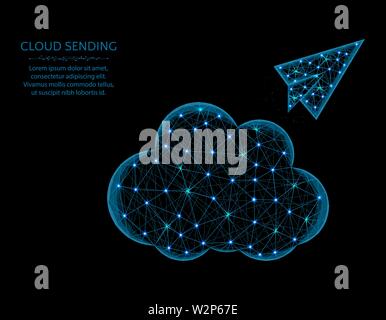 Cloud low poly model, paper airplane in polygonal style, cloud sending wireframe vector illustration made from points and lines on a black background Stock Vector