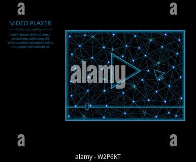 Video player low poly model, play button in polygonal style, multimedia wireframe vector illustration made from points and lines on a black background Stock Vector