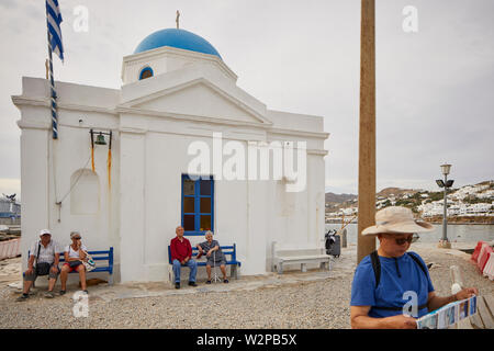 Mykonos, mikonos Greek island, part of the Cyclades, Greece. landmark Agios Nikolaos Church small church in the harbour Stock Photo