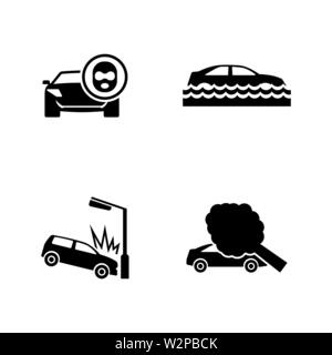 Car Crashes. Simple Related Vector Icons Set for Video, Mobile Apps, Web Sites, Print Projects and Your Design. Black Flat Illustration on White Backg Stock Vector
