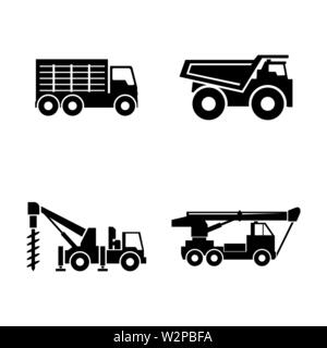 Construction vehicles. Simple Related Vector Icons Set for Video, Mobile Apps, Web Sites, Print Projects and Your Design. Black Flat Illustration on W Stock Vector