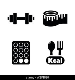 Diet and Fitness. Simple Related Vector Icons Set for Video, Mobile Apps, Web Sites, Print Projects and Your Design. Black Flat Illustration on White Stock Vector