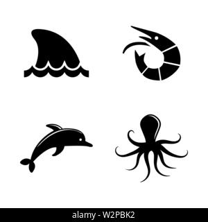 Marine Life. Simple Related Vector Icons Set for Video, Mobile Apps, Web Sites, Print Projects and Your Design. Black Flat Illustration on White Backg Stock Vector