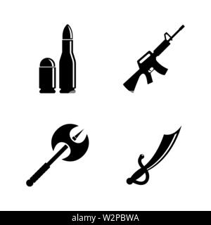 Firearms and Bladed Weapons. Simple Related Vector Icons Set for Video, Mobile Apps, Web Sites, Print Projects and Your Design. Black Flat Illustratio Stock Vector