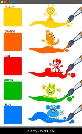 Cartoon Illustration of Basic Colors with Funny Fantasy Characters Educational Set for Preschool Children Stock Vector