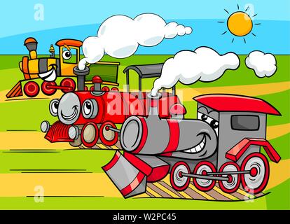 Cartoon Illustration of Funny Steam Engine Locomotive Railway Transport Characters Group Stock Vector