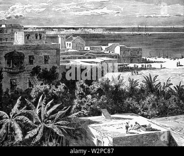 A view of Port of Alexandria in the Nile Delta between the Mediterranean Sea and Mariut Lake in Alexandria, Egypt. Built in 1900 BCE, it is one of the oldest ports in the world, but over the centuries sand and silt deposits made the port unnavigable. It was cleared by forces under the command of Alexander the Great in 331 BC as part of the construction of Alexandria city to be the marine base for his fleet. Alexander's engineer Dinocrat linked the port of Alexandria and the island of Pharos with a bridge  creating two harbour basins for commercial and military shipping. In the Ptolemy era a se Stock Photo