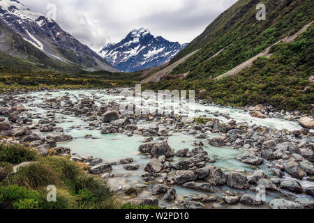 Walking along the great winding Hooker Valley track at Mount Cook, New Zealand. Stock Photo