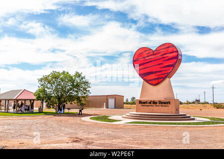 Alamogordo, USA - June 9, 2019: New Mexico pistachio tree farm with Heart of the Desert sign and people wedding ceremony Stock Photo