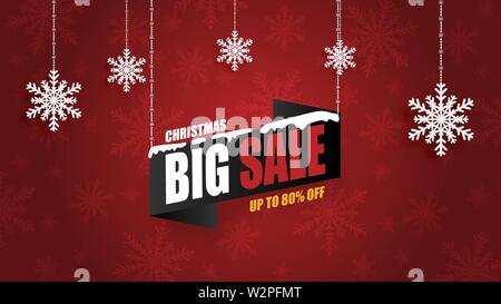Christmas sale banner background with hanging snowflakes in paper cut style. Vector illustration design for banner, flyer, poster, backdrop, brochure, Stock Vector