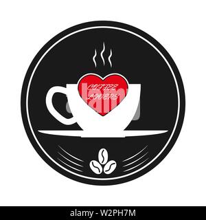Cup of hot coffee, heart and inscription coffee lovers. Template for logo, trademark or Bierdeckel. Stock Vector