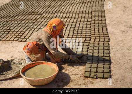 Ajmer, India - February 07, 2019: Indian woman makes manual clay bricks Stock Photo
