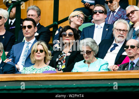 London, UK, 10th July 2019: Former singer Shirley Bassey visit the Royal Box at day 9 at the Wimbledon Tennis Championships 2019 at the All England Lawn Tennis and Croquet Club in London. Credit: Frank Molter/Alamy Live news Stock Photo