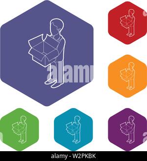 Businessman holding an outline box icons vector hexahedron Stock Vector