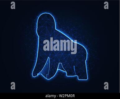 Gorilla magic low poly model, African animal polygonal wireframe vector illustration on dark blue background Stock Vector