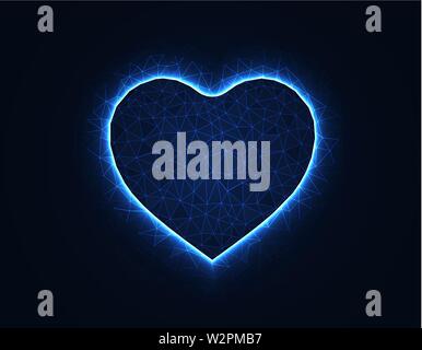 Heart symbol magic low poly model, love polygonal wireframe vector illustration on dark blue background Stock Vector