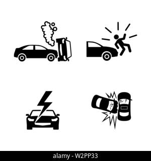 Crashed Cars. Simple Related Vector Icons Set for Video, Mobile Apps, Web Sites, Print Projects and Your Design. Black Flat Illustration on White Back Stock Vector