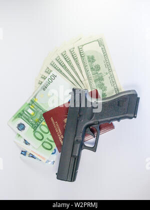 dollars and euro and passport - gangster terrorism Stock Photo