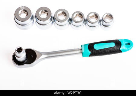 excellent customer experience. multi purpose tool kit. Chrome Vanadium Steel. metallized fix equipment. socket wrench isolated on white background. Iron tools set. Stock Photo