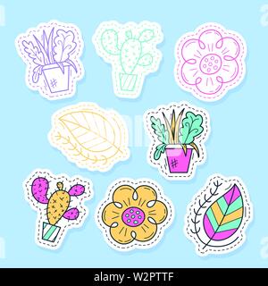 Set of flora plant stickers, pins, patches and handwritten collection in cartoon style. Funny greetings for clothes, card, badge, icon, postcard, bann Stock Vector