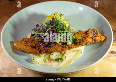 Deep-fried fish, served in breadcrumbs, on a bed of onions and seasonal vegetables in creamy sauce. A salad garnishes the fish. Stock Photo