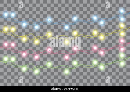 Christmas lights. Colorful Xmas garland. Vector red, yellow, blue and green glow light bulbs on transparent background. Stock Vector