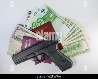 dollars and euro and passport - gangster terrorism Stock Photo