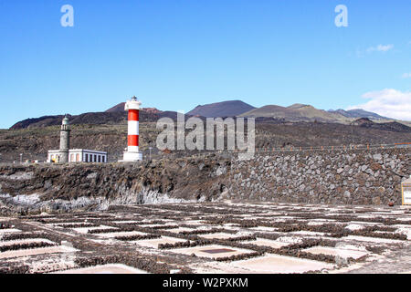 Multiple with seawater filled salt pans with two lighthouses in the background | Salinas Marinas de Fuencaliente, La Palma, Spain Stock Photo