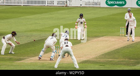 London, UK. 10 July, 2019. Sean Dickson pushes Gareth Batty for runs as  Surrey take on Kent on the 4th and final day of the Specsavers County Championship game at the Oval. David Rowe/17�Թ����� Live News. Stock Photo