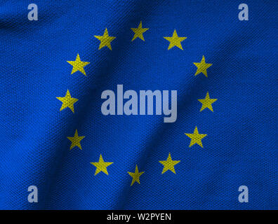 the EU flag printed on a textured Jersey knit fabric. European Union background Stock Photo