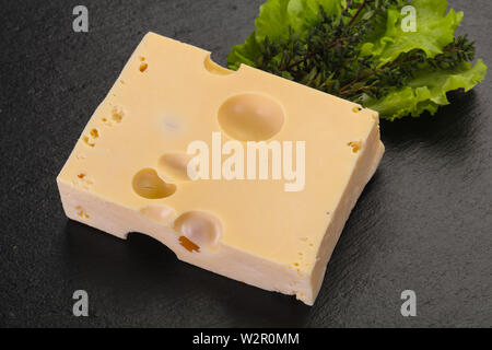 Maasdam cheese brick with thyme branch Stock Photo