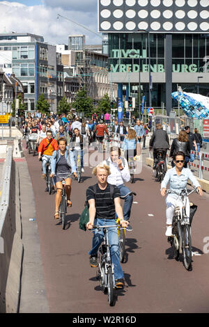 Utrecht, Netherlands, bicycle traffic in the city center, 60% of Utrecht citizens  travel by bike into the city, inner city  cycle path, bike path, cy Stock Photo