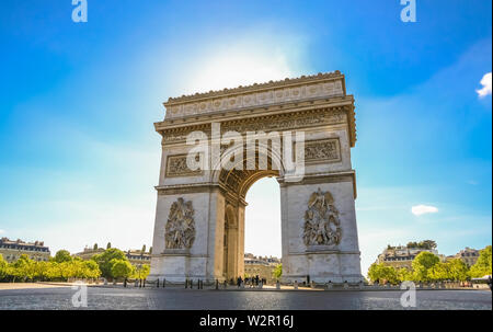 Nice view of the Arc de Triomphe de l'Étoile, one of the most famous and popular monuments in Paris. The two pillars at the west façade shows the... Stock Photo