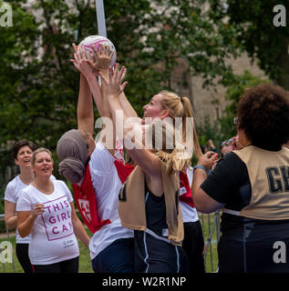 London, UK. 10th July 2019. International Parliamentary Netball competition in Victoria Tower Gardens, played by parliamentary teams representing the UK, New Zealand and Australia. Organised by Netball England ahead of the international netball competition. Credit: Ian Davidson/Alamy Live News Stock Photo