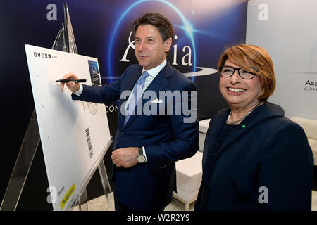 Giuseppe Conte and Maria Bianca Farina during the Ania 2019 assembly (Luigi Mistrulli/Fotogramma, Rome - 2019-07-10) p.s. la foto e' utilizzabile nel rispetto del contesto in cui e' stata scattata, e senza intento diffamatorio del decoro delle persone rappresentate Stock Photo