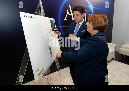 Giuseppe Conte and Maria Bianca Farina during the Ania 2019 assembly (Luigi Mistrulli/Fotogramma, Rome - 2019-07-10) p.s. la foto e' utilizzabile nel rispetto del contesto in cui e' stata scattata, e senza intento diffamatorio del decoro delle persone rappresentate Stock Photo