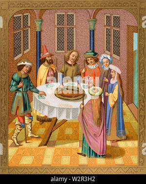 The Jews Passover. Facsimile of a miniature from a missel of the fifteenth century ornamented with painting of the school of Ven Eyck. Stock Photo