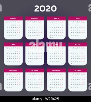 The 2020 calendar template with rounded angled boxes Stock Vector