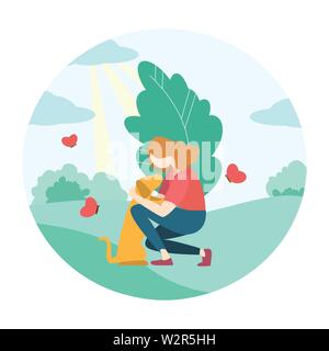 Summer time. Girl walking with a dog in the park. Beautiful nature and the sun shines Stock Vector