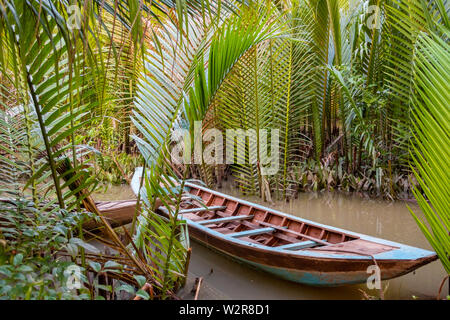 Traditional boat moored in between palm trees in the Mekong Delta, Vietnam. Stock Photo