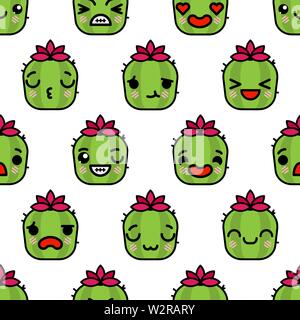 Seamless pattern with cute kawaii emoji cacti vector cartoon illustration Stock Vector