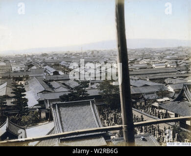 [ 1930s Japan - View of Osaka ] —   View of Osaka from the pagoda of Shitennoji Temple in Tennoji. Shitennoji Temple was founded by Prince Shotoku (Shotoku Taishi, 574-622) in 593 during Japan’s first wave of temple construction.  19th century vintage albumen photograph. Stock Photo